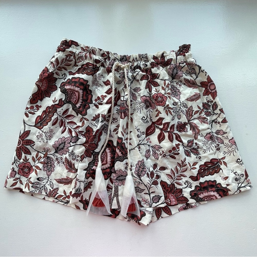JOIE cream & red floral linen high waist flowy shorts with tassel drawstring